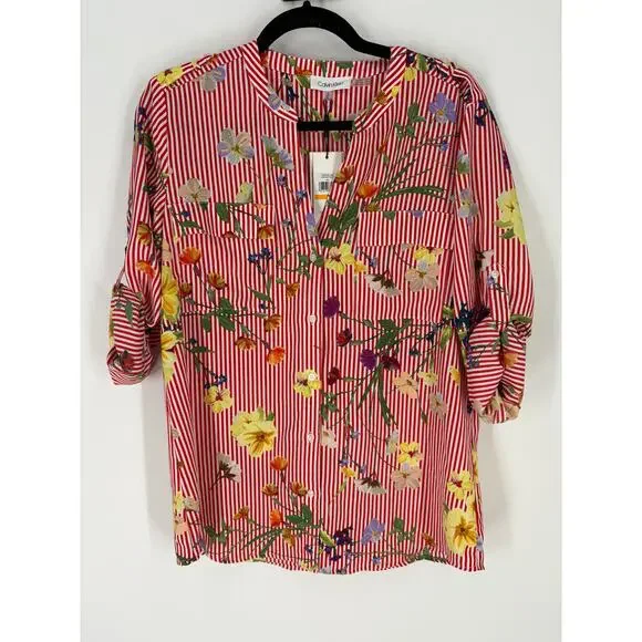 Calvin Klein Women's Red Striped Blouse (B32) - Picture 10 of 12